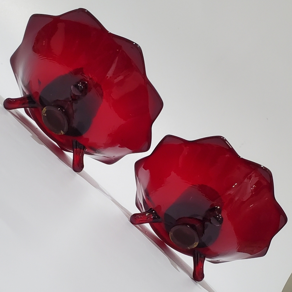 (2) Fenton Ruby Amberina 3 Footed Lotus Taper Candle Holders - Picture 5 of 10